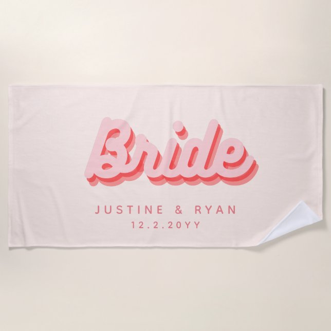 Personalized Bride Beach Towel Retro Pink & Red (Front)