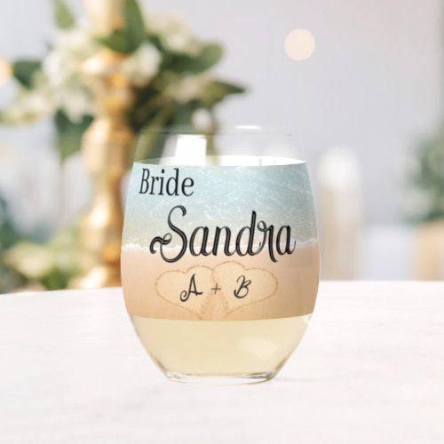 Personalized Bride Beach Wedding Hearts in Sand Stemless Wine Glass