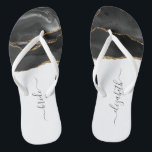 Personalized Bride Black Gold Agate Wedding Flip Flops<br><div class="desc">A black watercolor agate design trimmed with gold faux glitter decorates the front portion of these flip flops. Personalize them with elegant charcoal gray handwriting script on a white background for the bride or any other member of the wedding party. Ideal for a bachelorette party, bridal shower or beach wedding....</div>
