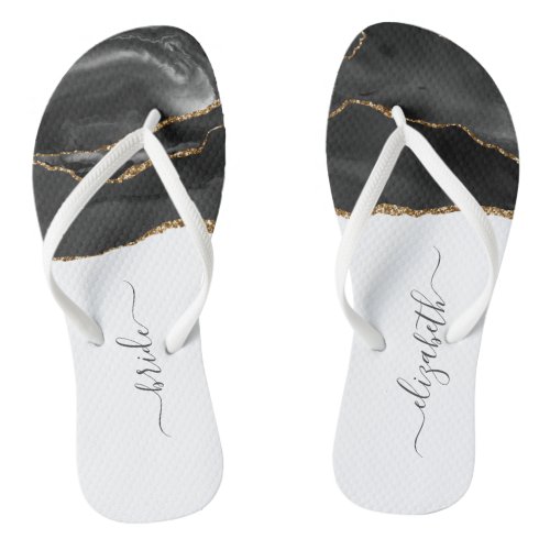 Personalized Bride Black Gold Agate Wedding Flip Flops