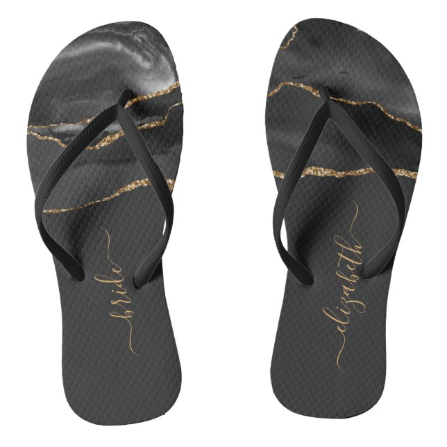 Personalized Bride Black Gold Agate Wedding Flip Flops (Footbed)