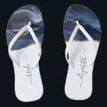 Personalized Bride Blue Gold Agate Wedding Flip Flops<br><div class="desc">A navy blue watercolor agate design trimmed with gold faux glitter decorates the front portion of these flip flops. Personalize them with elegant charcoal gray handwriting script on a white background for the bride or any other member of the wedding party. Ideal for a bachelorette party, bridal shower or beach...</div>