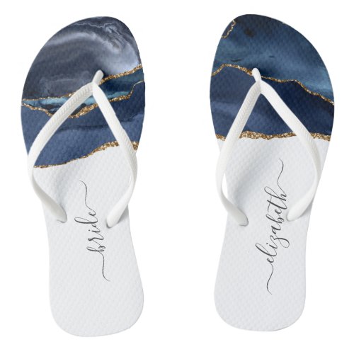 Personalized Bride Blue Gold Agate Wedding Flip Flops