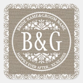 Personalized Bride&groom Burlap&lace Square Sticker by GiftCorner at Zazzle