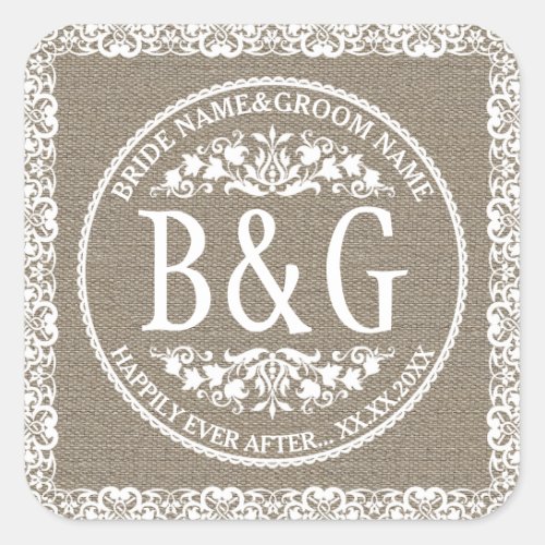 Personalized BrideGroom BurlapLace Square Sticker