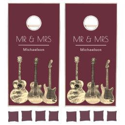 Personalized Bride Groom Guitars Burgundy Wedding Cornhole Set