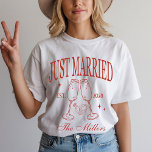 Personalized Bride & Groom Honeymoon Shirts<br><div class="desc">Celebrate love in style with these Just Married shirts, perfect for honeymoon adventures, wedding photos, or as a thoughtful personalized wedding gift. Designed for the bride and groom, these newlywed tees can be customized with your names, wedding date, or destination—making them a keepsake to treasure forever. Ideal for honeymoons, engagement...</div>