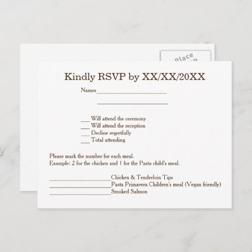 Personalized Bride  Groom RSVP and Menu Postcard