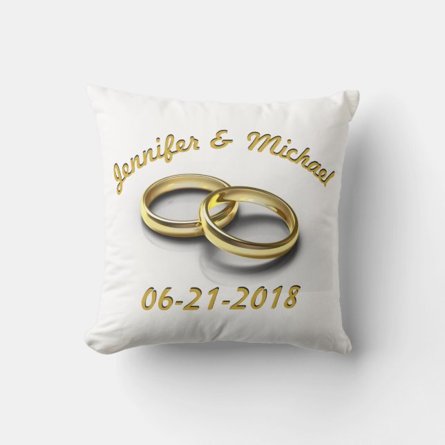 Personalized Bride & Groom Wedding Date Gold Rings Throw Pillow (Front)