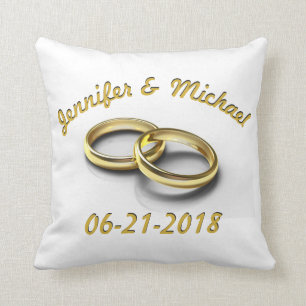 Personalized Bride & Groom Wedding Date Gold Rings Throw Pillow
