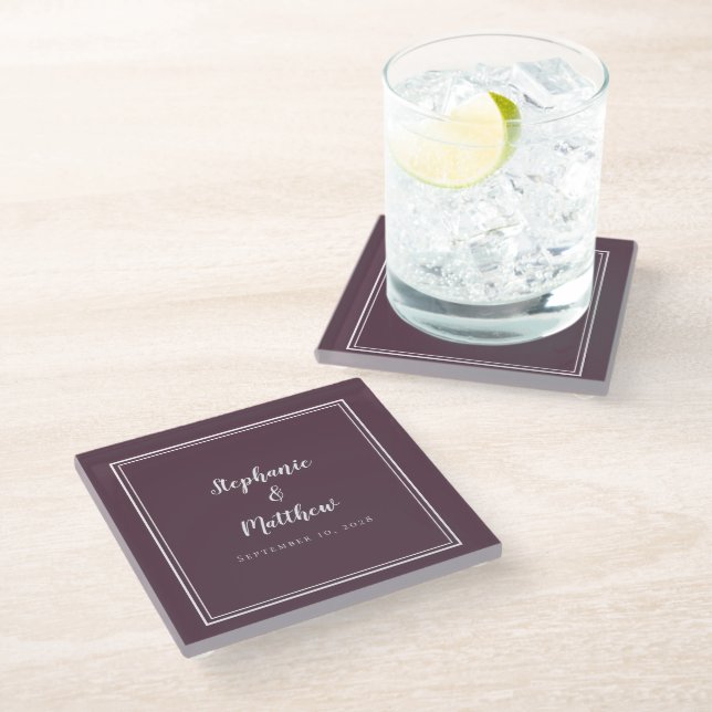 Personalized Bride & Groom Wedding Modern Purple Glass Coaster (Angled)