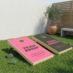 Personalized Bride Groom Wedding Pink Green Retro Cornhole Set