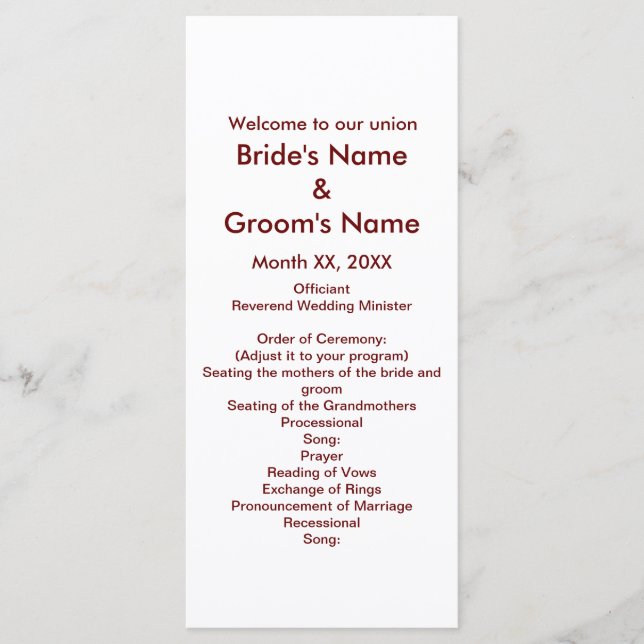 Personalized Bride Groom Wedding Program Rack Card (Front)