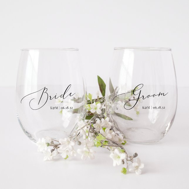 Personalized Bride & Groom Wedding Stemless Wine Glass (Creator Uploaded)