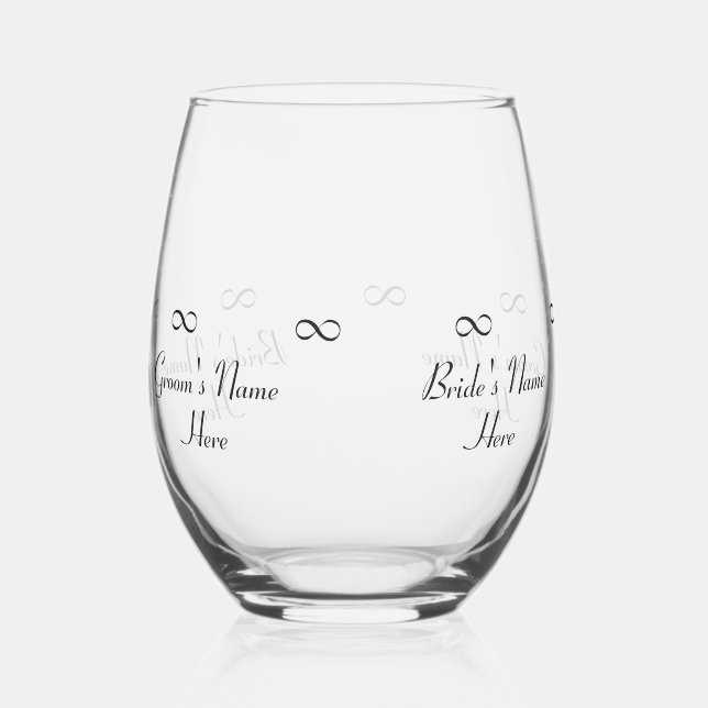 Personalized Bride & Groom's Names Infinity Symbol Stemless Wine Glass (Left)