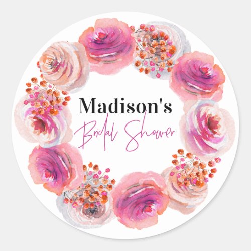 Personalized Bride Name Bridal Shower Pink Floral Classic Round Sticker