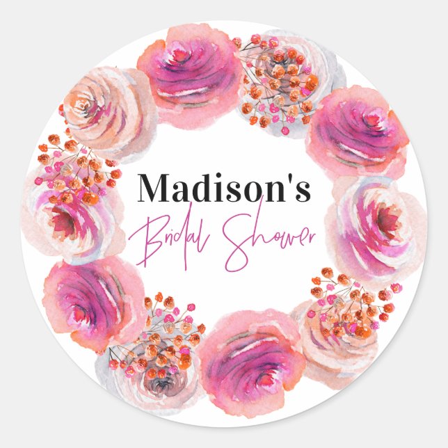 Personalized Bride Name Bridal Shower Pink Floral Classic Round Sticker (Front)