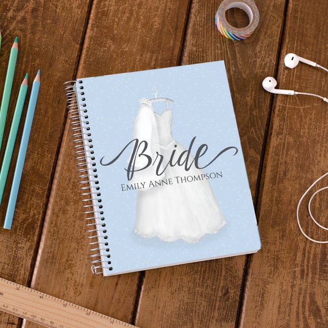 Personalized Bride Wedding Dress Planning Custom Planner (Personalized bride notebook with elegant wedding dress illustration and custom name.)