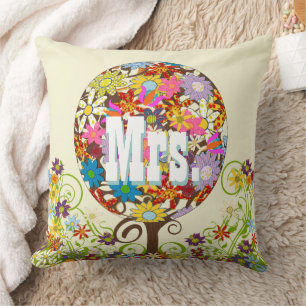 Personalized Brides Coral and Aqua Flower Tree Throw Pillow