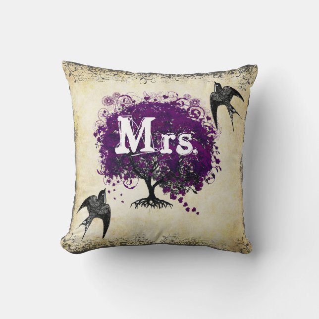 Personalized Brides Purple Heart Leaf Tree Mrs. Throw Pillow (Front)