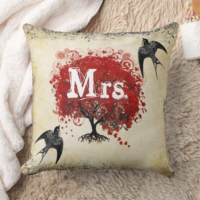 Personalized Brides Red Heart Leaf Tree Mrs. Throw Pillow (Blanket)