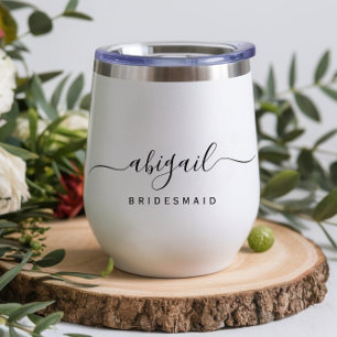 Personalized Bridesmaid Black and White Script Thermal Wine Tumbler