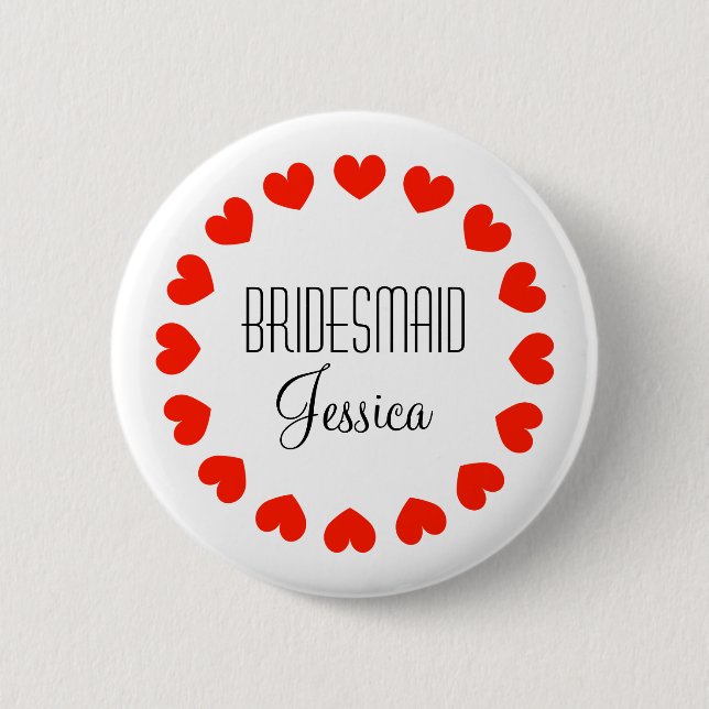 Personalized bridesmaid buttons with red hearts (Front)