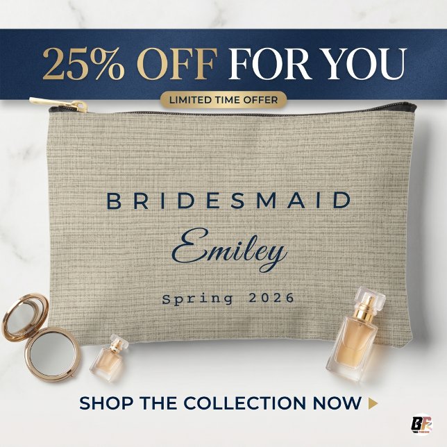 Personalized Bridesmaid Faux Linen Navy Blue Accessory Pouch (#weddingseason)