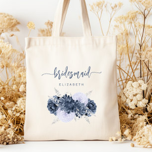 Personalized Bridesmaid Floral Dusty Blue Script Tote Bag