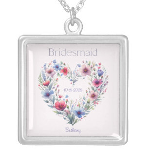 Personalized Bridesmaid Flower Heart Necklace