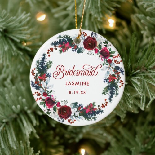 Personalized Bridesmaid Gift Holiday Floral Wreath Ceramic Ornament