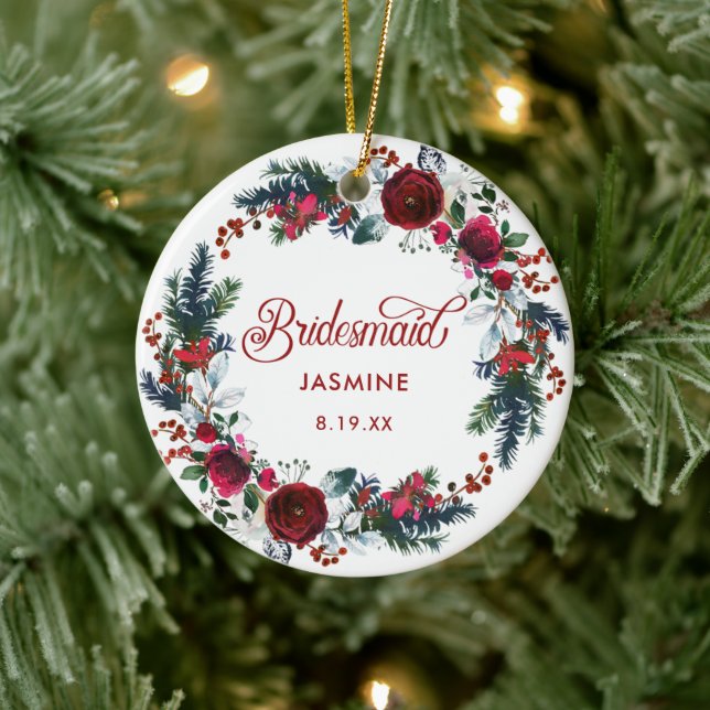 Personalized Bridesmaid Gift Holiday Floral Wreath Ceramic Ornament (Tree)
