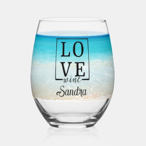 Personalized Bridesmaid Gift Tropical Beach Love  Stemless Wine Glass