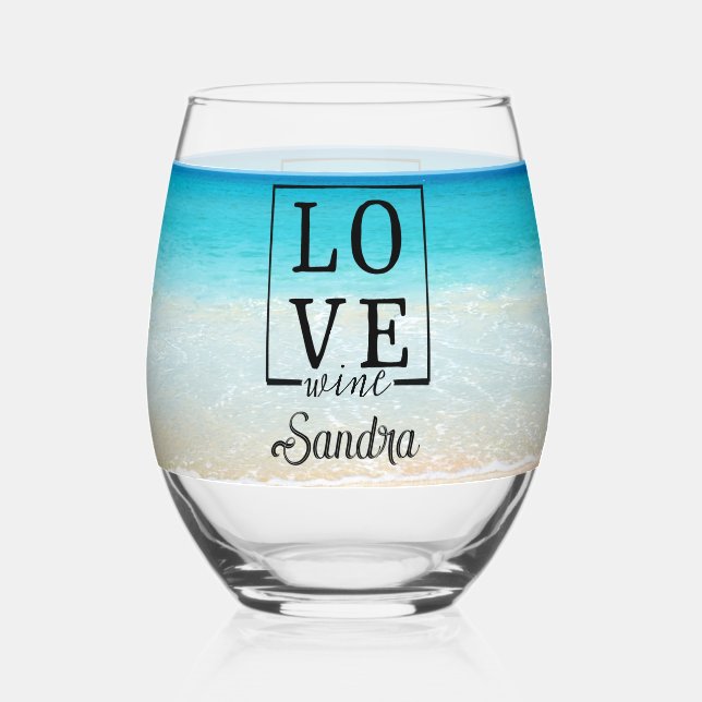 Personalized Bridesmaid Gift Tropical Beach Love  Stemless Wine Glass (Front)