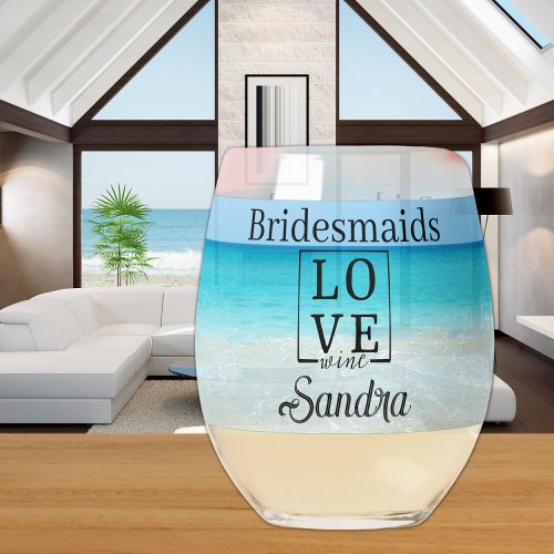 Personalized Bridesmaid Gift Tropical Beach Love  Stemless Wine Glass
