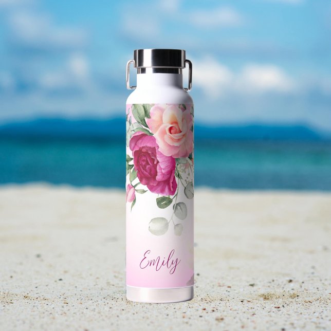 Personalized bridesmaid gifts magenta peonies water bottle (Magenta peonies pink roses personalized water bottle bridesmaid gifts bridal party favors)