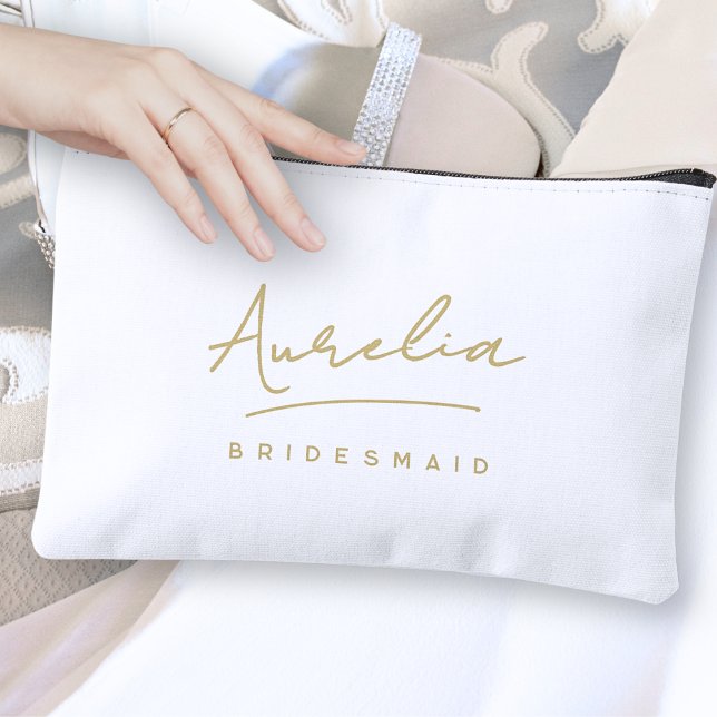 Personalized Bridesmaid Monogram Gold Script Name Accessory Pouch (Creator Uploaded)
