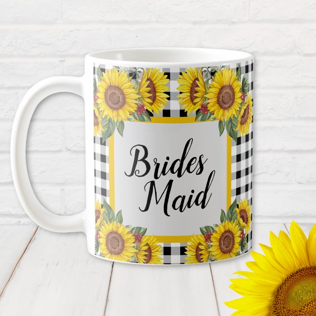 Personalized Bridesmaid Mug Gingham & Sunflowers (Bridesmaid personalized Sunflowers and Gingham Bridal Shower Gift Mug)