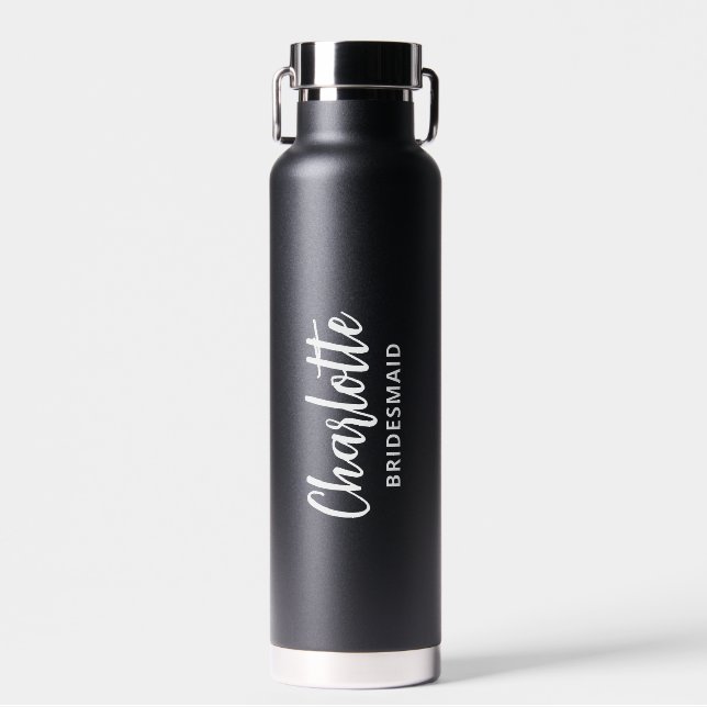 Personalized Bridesmaid Name Script Black Wedding Water Bottle (Front)