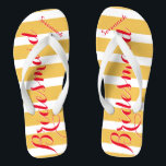 Personalized Bridesmaid Pinkish Red Misty Yellow Flip Flops<br><div class="desc">Flame Scarlet Pinkish Red Font and Misted Yellow and White Stripes Pattern - Change Misted Yellow and Reddish Pink to Any Color by clicking customize. Furthermore say anything you want! Anything at all! Make these one of a kind flip flops that have YOUR message on them. Be the talk of...</div>