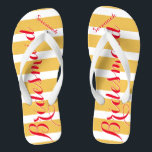 Personalized Bridesmaid Pinkish Red Misty Yellow Flip Flops<br><div class="desc">Flame Scarlet Pinkish Red Font and Misted Yellow and White Stripes Pattern - Change Misted Yellow and Reddish Pink to Any Color by clicking customize. Furthermore say anything you want! Anything at all! Make these one of a kind flip flops that have YOUR message on them. Be the talk of...</div>