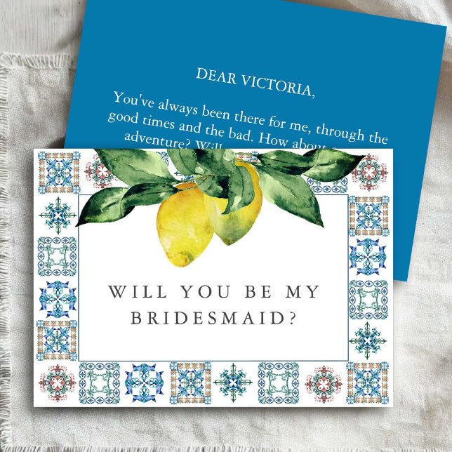 Personalized Bridesmaid Proposal Cards Lemons   (Bridesmaid proposal cards amalfi theme watercolor art by Victoria Grigaliunas)