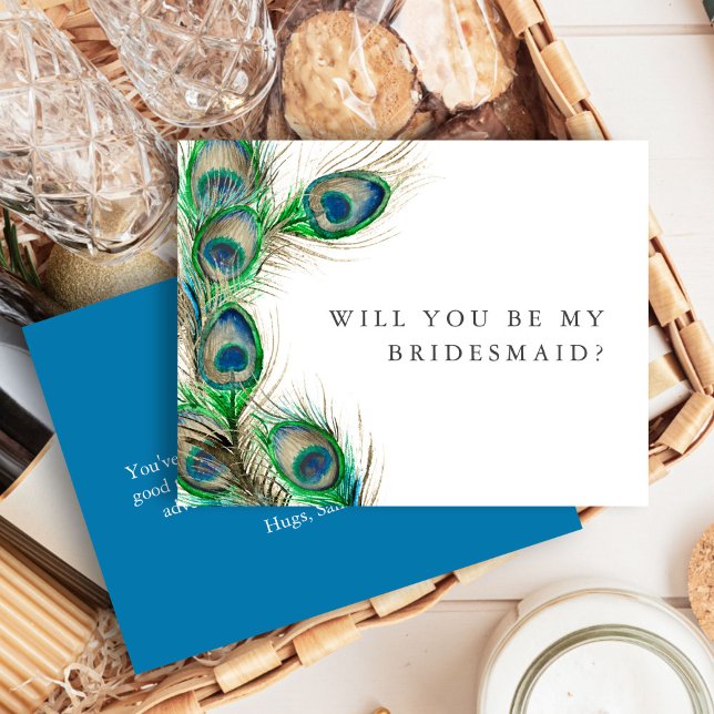 Personalized Bridesmaid Proposal Cards Peacock  (bridesmaid proposal card features watercolor peacock feather art by Victoria Grigaliunas)