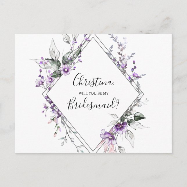 Personalized Bridesmaid Proposal Floral Purple Invitation Postcard (Front)