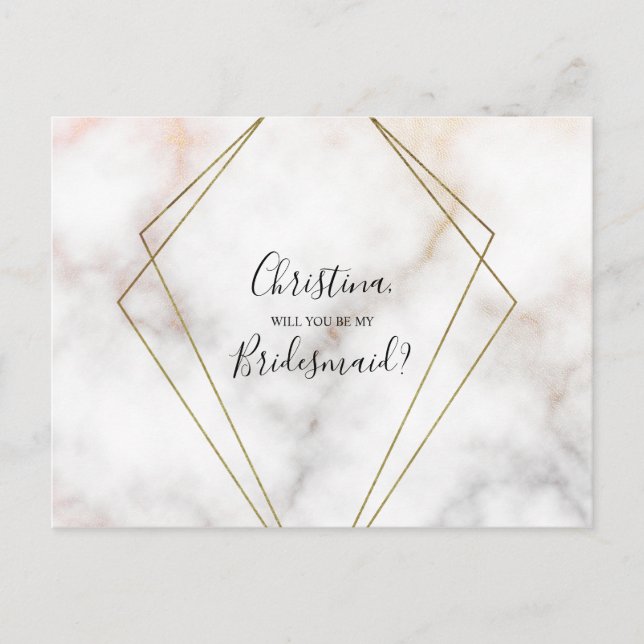 Personalized Bridesmaid Proposal Marble Rose Gold Invitation Postcard (Front)
