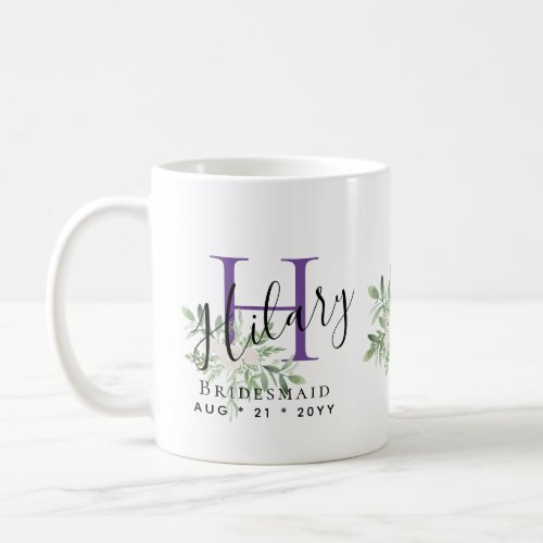 Personalized Bridesmaid Purple Initial Name Floral Coffee Mug