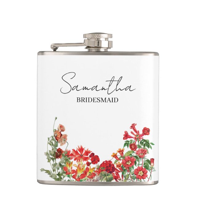 Personalized Bridesmaid Red Floral Wedding Flask (Front)