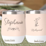 Personalized Bridesmaid Rustic Elegant Wildflowers Thermal Wine Tumbler<br><div class="desc">This soft peach and white tumbler has a beautiful script font for the name of your Bridesmaid's with sagebrush accents below it on the front and a watercolor wildflower sprig on the back above her title "Bridesmaid" elevating that Rustic feel with a touch of Elegance! Personalize with the easy to...</div>