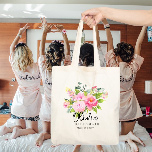 Personalized Bridesmaid Tote | Pink Floral Flowers (Creator Uploaded)