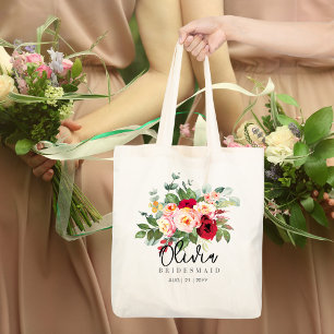 Personalized Bridesmaid Tote   Red Roses Pink Bag